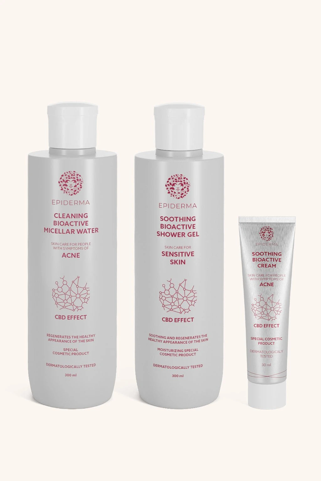 EPIDERMA® Bioaktivní micelární voda při akné 300 ml + krém při ekzému 50 ml + CBD sprchový gel 300 ml + krém při akné 30 ml sada