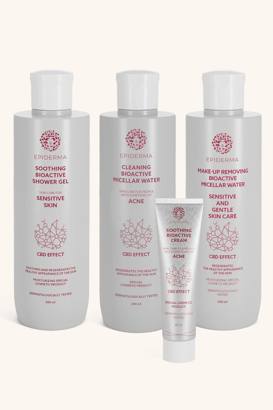 EPIDERMA® Bioaktivní kosmetika CBD micelární voda při akné 300 ml + CBD krém při ekzému 50 ml + CBD sprchový gel 300 ml + CBD krém při akné 30 ml +…