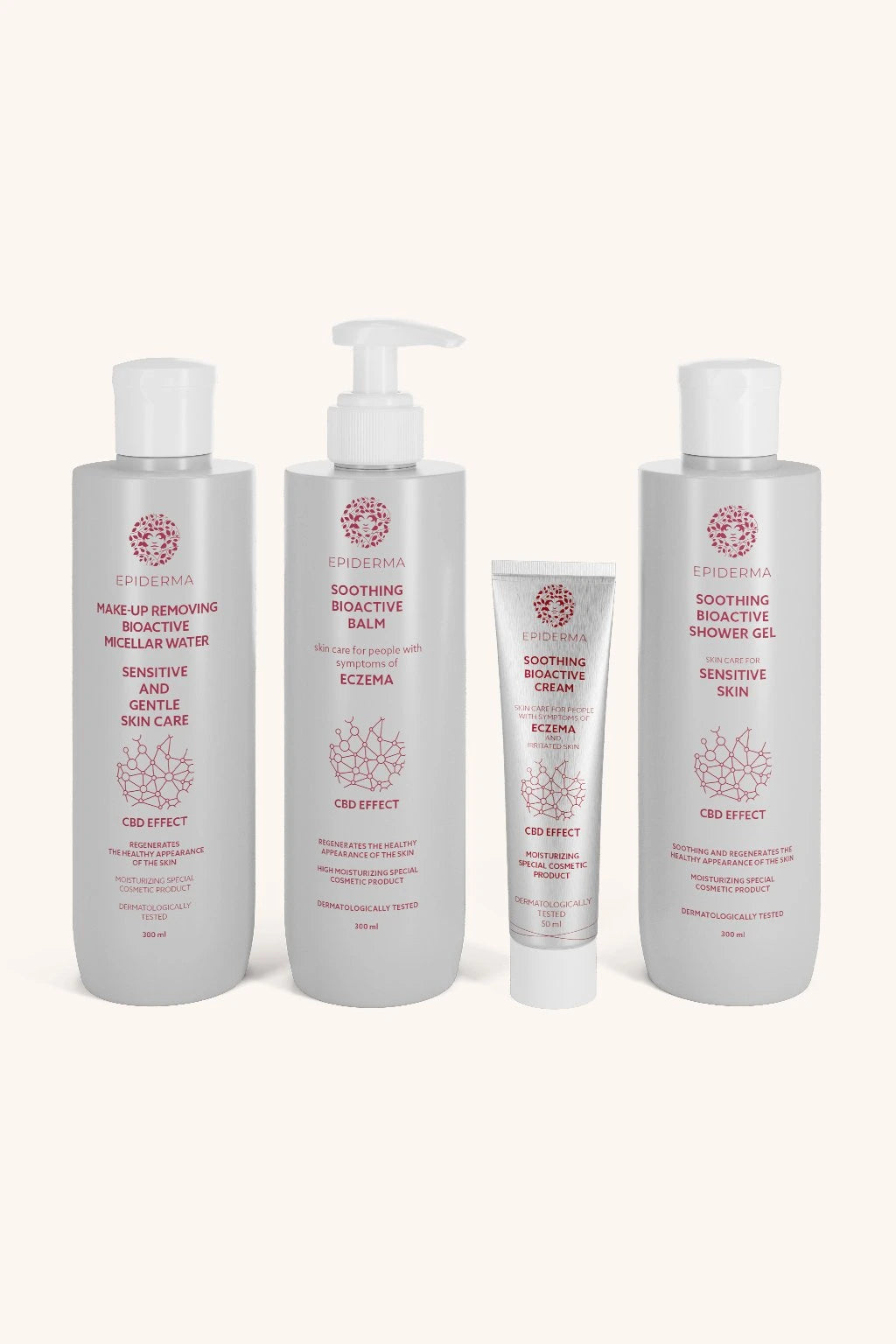 EPIDERMA Bioaktivní kosmetika CBD balzám při ekzému 300 ml + CBD krém při ekzému 50 ml + CBD sprchový gel při ekzému 300 ml + CBD micelární odličovací…