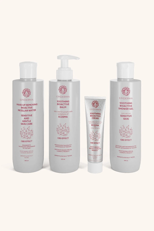 EPIDERMA Bioaktivní kosmetika CBD balzám při ekzému 300 ml + CBD krém při ekzému 50 ml + CBD sprchový gel při ekzému 300 ml + CBD micelární odličovací…