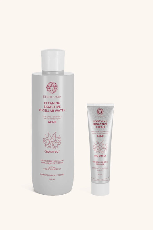 EPIDERMA® Bioaktivní kosmetika CBD krém při akné 30 ml + Bioaktivní CBD micelární voda při akné 300 ml dárková sada