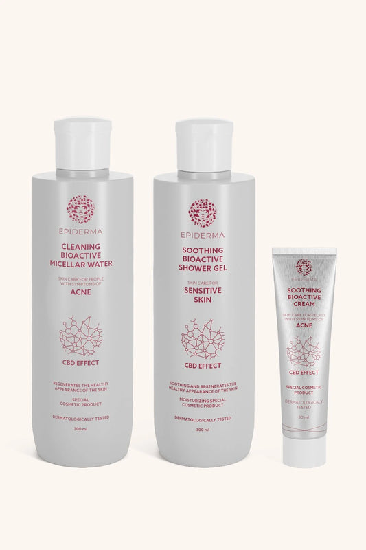 EPIDERMA® Bioaktivní micelární voda při akné 300 ml + krém při ekzému 50 ml + CBD sprchový gel 300 ml + krém při akné 30 ml sada